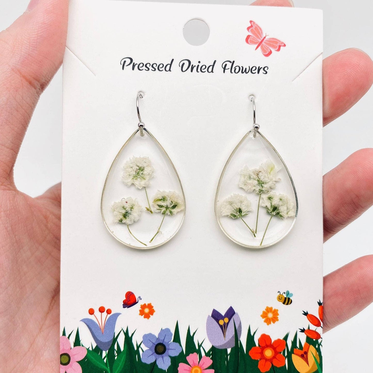 Baby's Breath Genuine Dried Flowers Teardrop Earrings