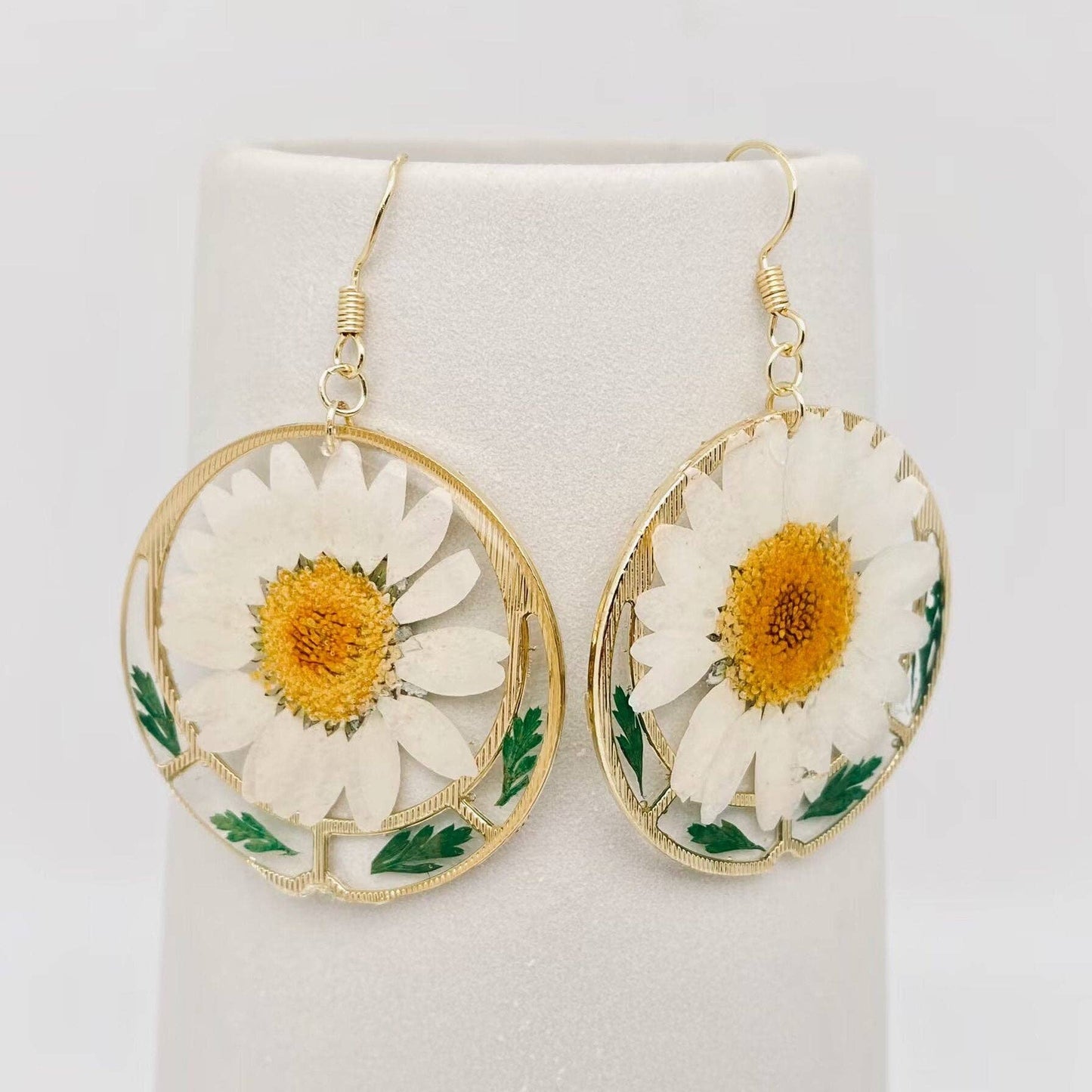 White Chrysanthemum & Ferns Pressed Flower Earrings