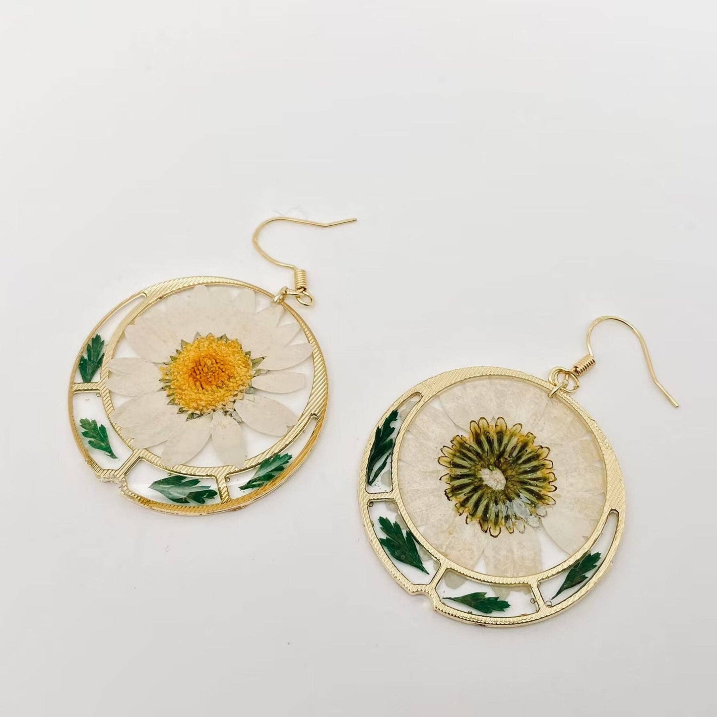 White Chrysanthemum & Ferns Pressed Flower Earrings