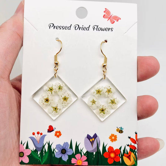 Daffodil Genuine Dried Flowers Square Charm Earrings