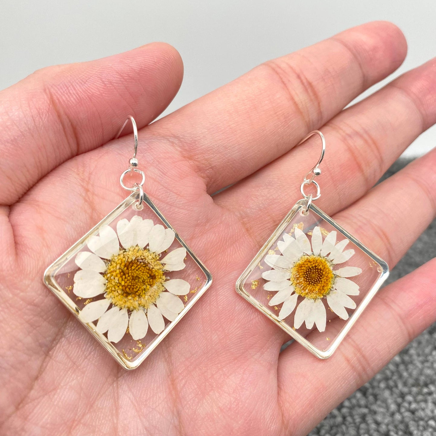 Leucanthemum Paludosum Dried Flower Rhombus Earrings