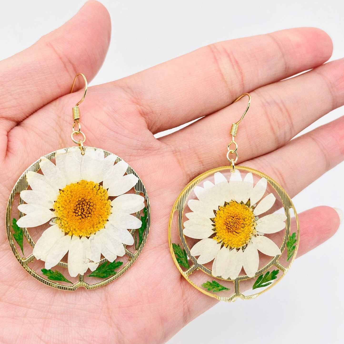 White Chrysanthemum & Ferns Pressed Flower Earrings