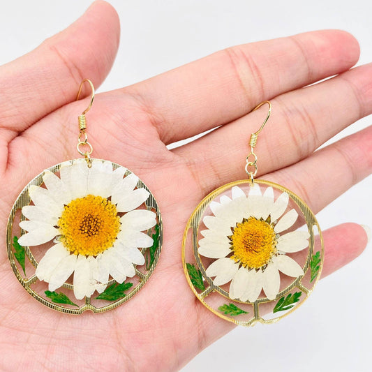 White Chrysanthemum & Ferns Pressed Flower Earrings