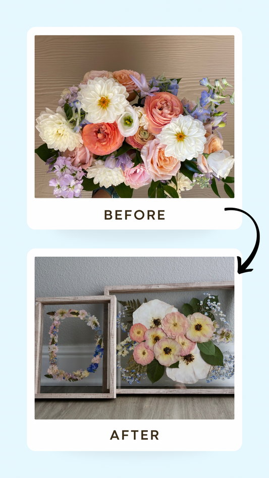 Before and after comparison of a floral arrangement and framed pressed flowers.