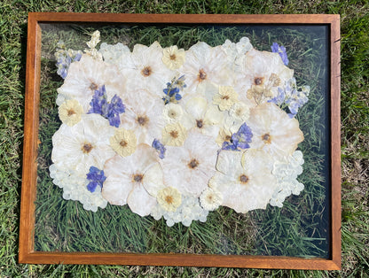 Framed arrangement of pressed flowers on a grass background
