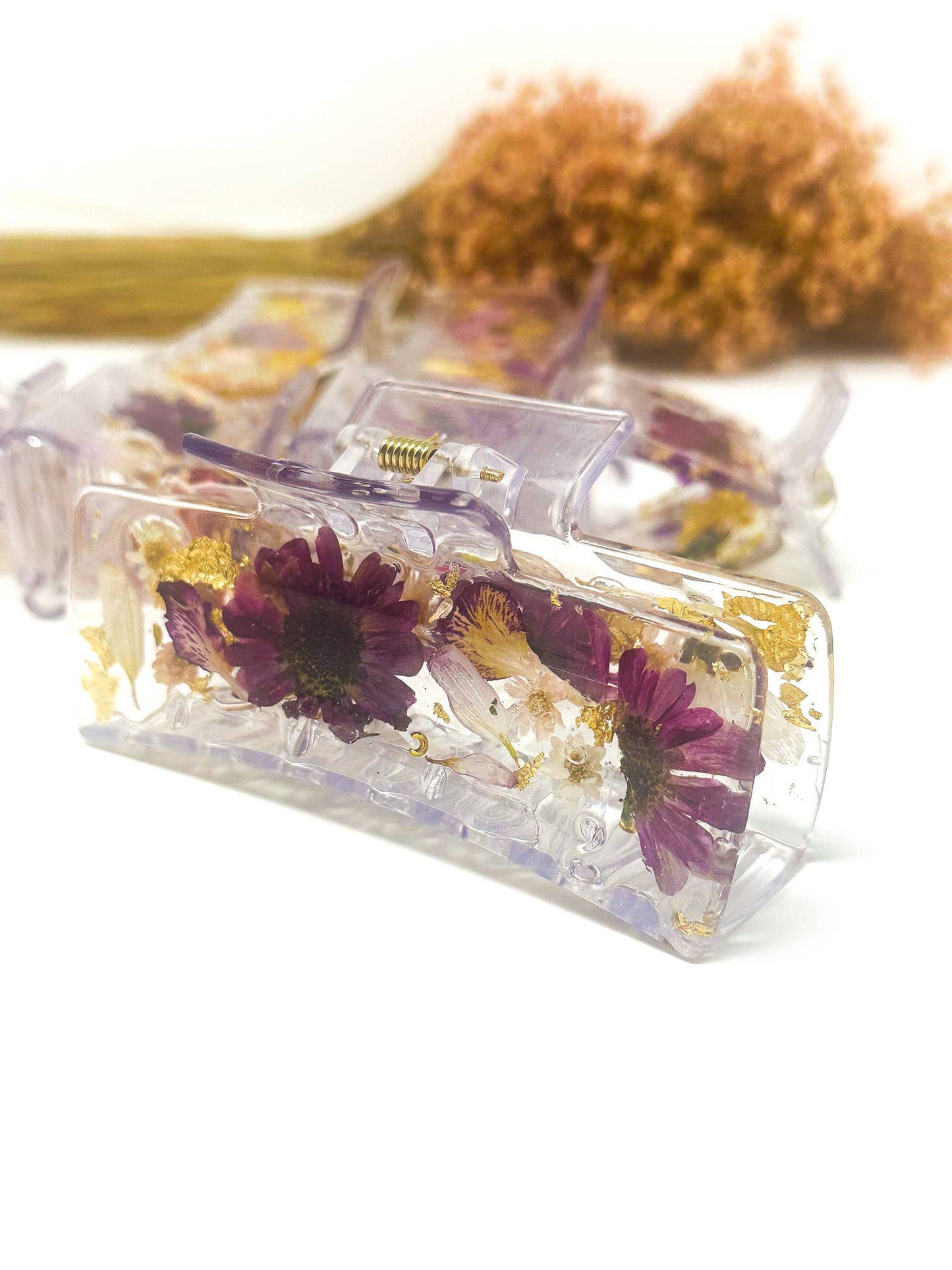 Clear Claw Clips Fully Covered in Pressed Flowers