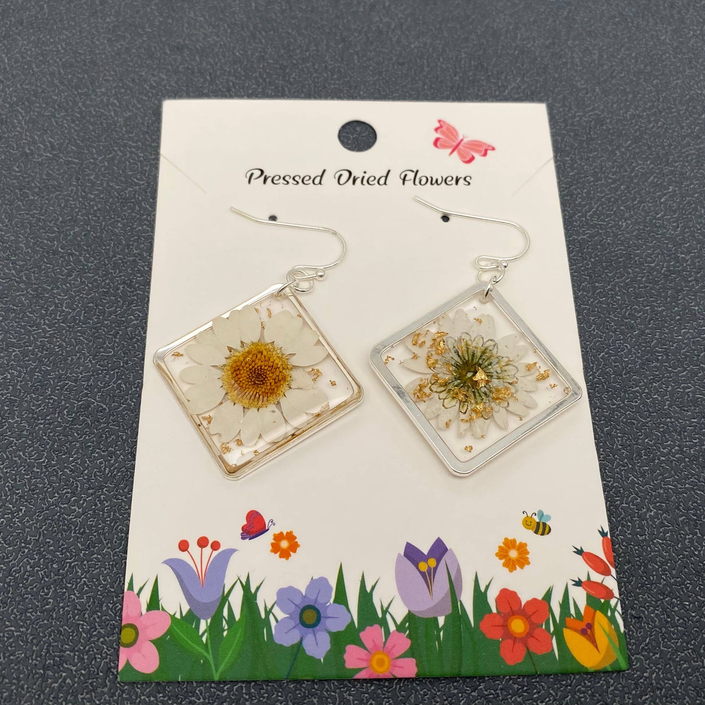 Leucanthemum Paludosum Dried Flower Rhombus Earrings