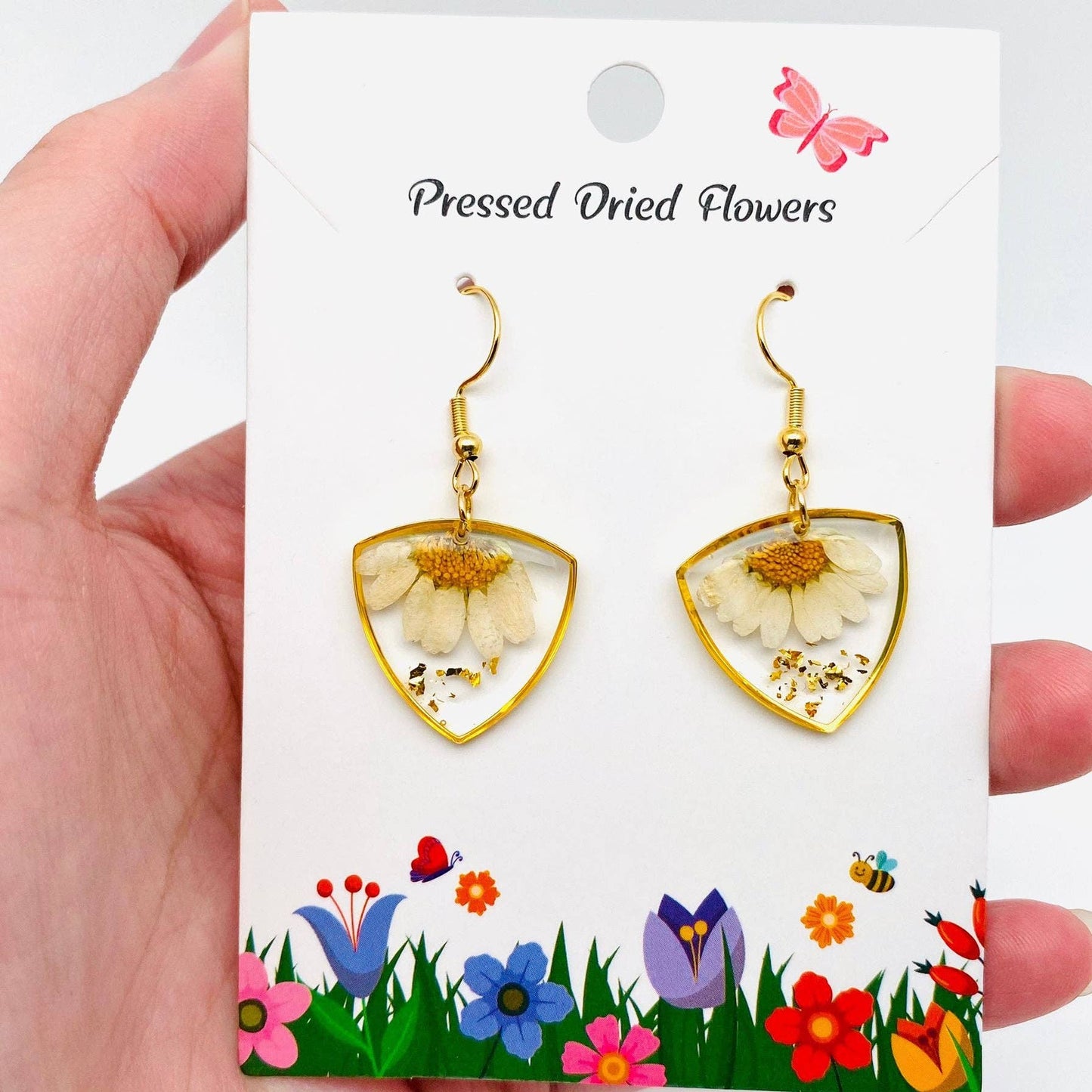 Genuine Dried Flower Pressed Daisy Dangle Earrings - PDF