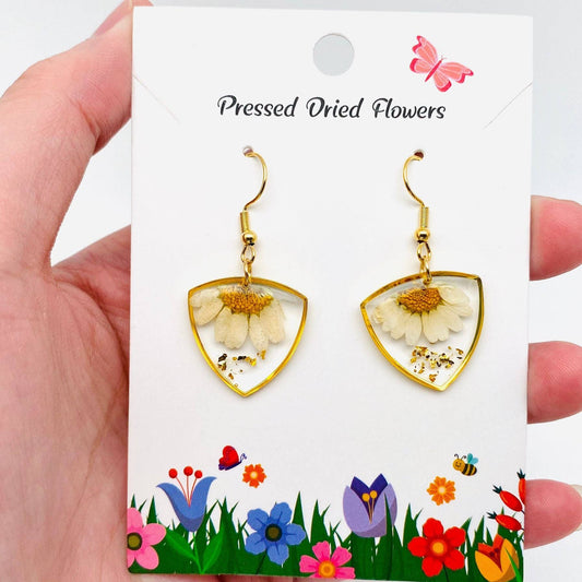 Genuine Dried Flower Pressed Daisy Dangle Earrings - PDF