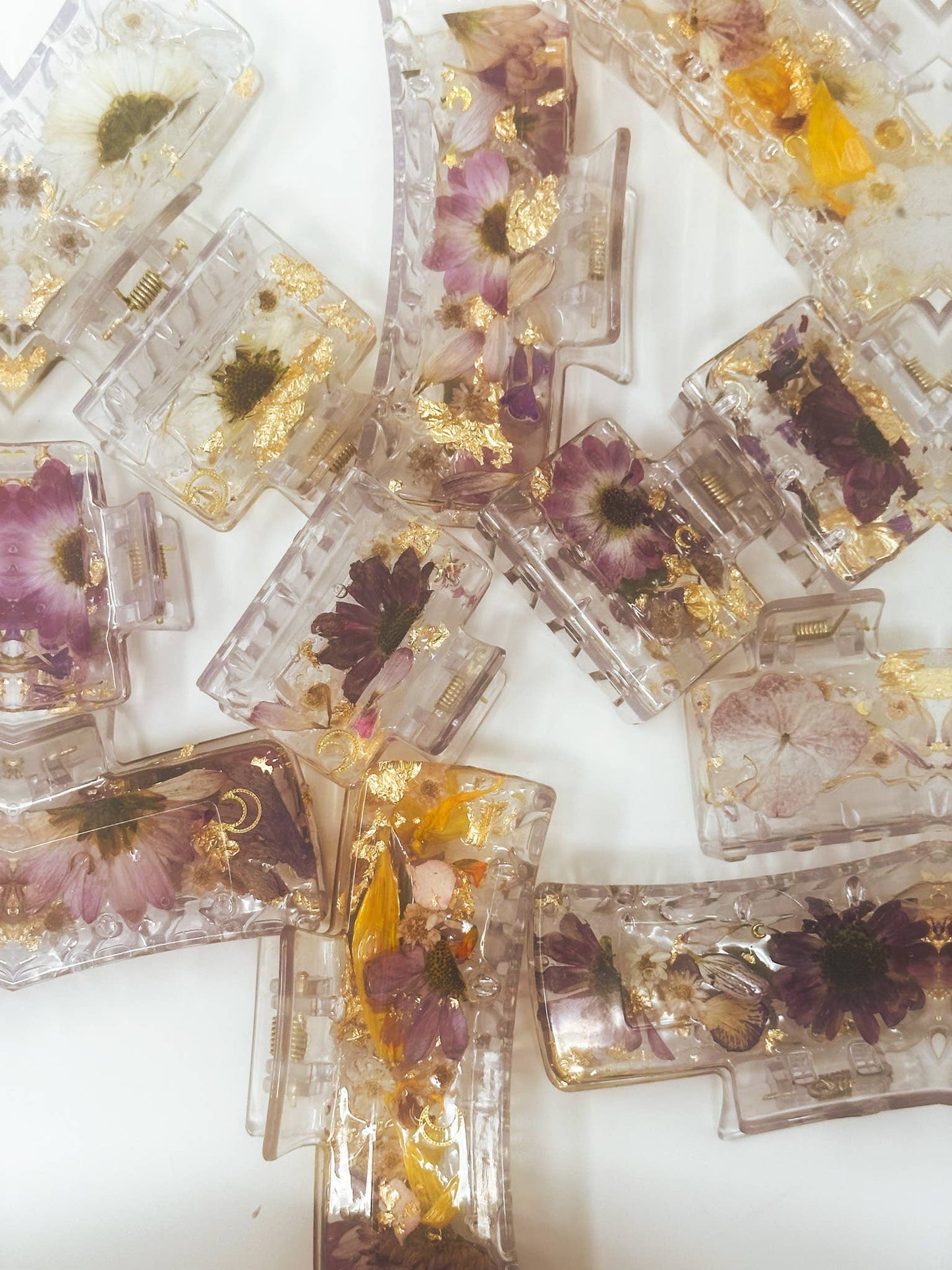 Clear Claw Clips Fully Covered in Pressed Flowers