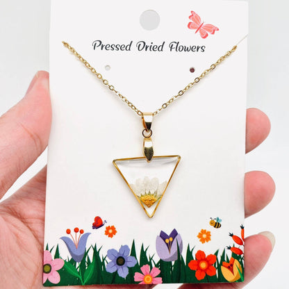 Dried Flower Daisy Stainless Steel Triangle Necklace