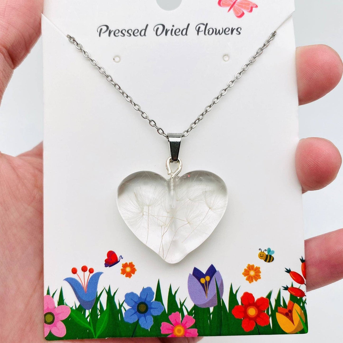 Dandelions Dried Plant Heart-shaped Charm Necklace