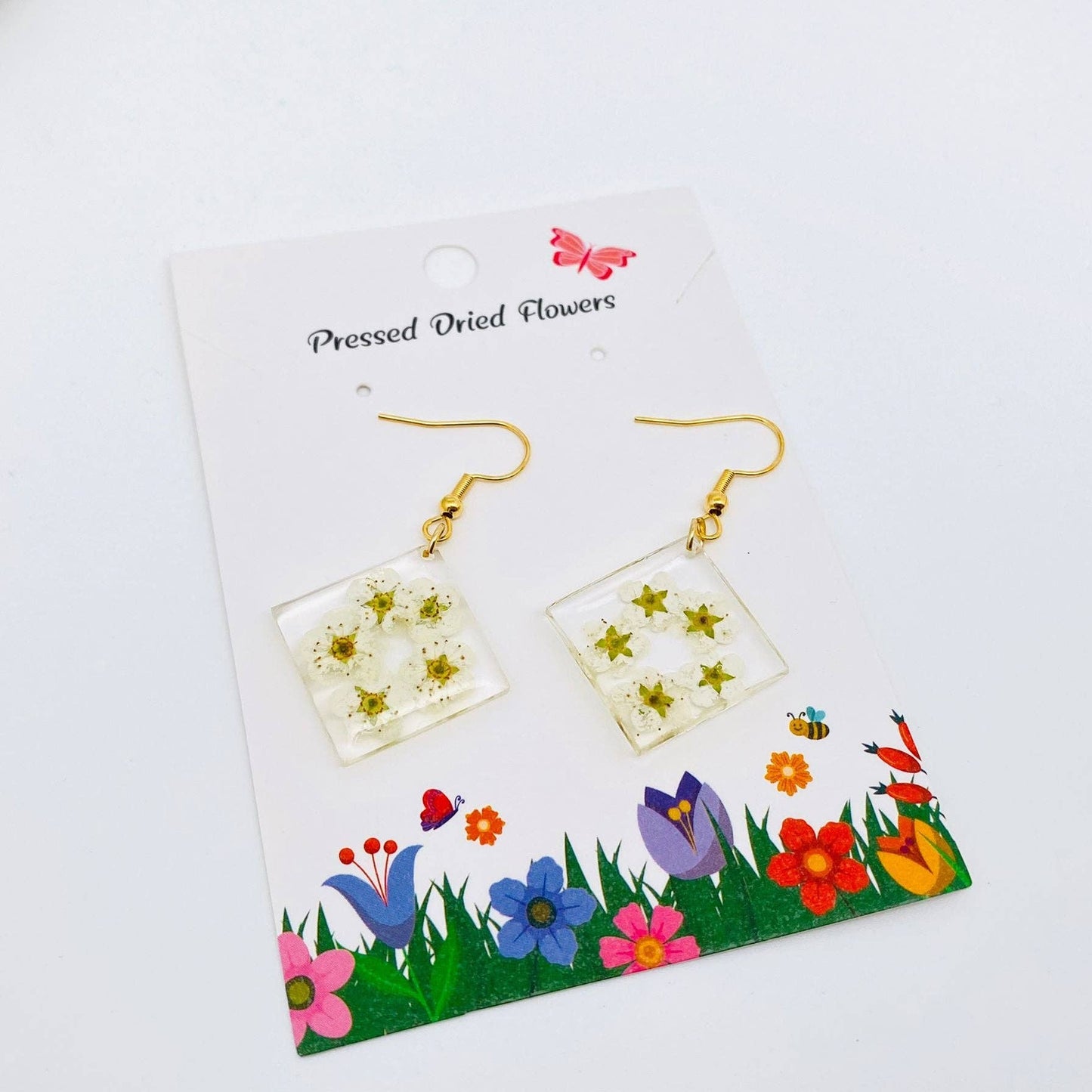 Daffodil Genuine Dried Flowers Square Charm Earrings