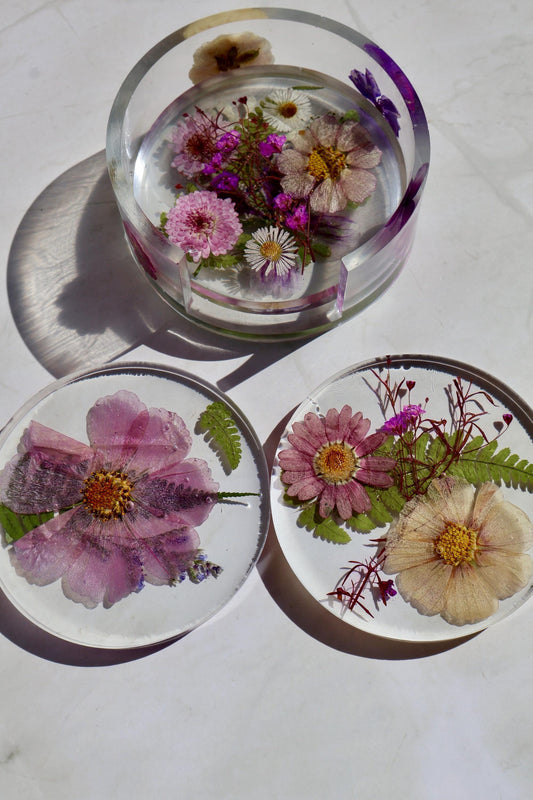 Set of Custom Pressed Flower Coasters: Botanical Flower decor, Wildflower Gift